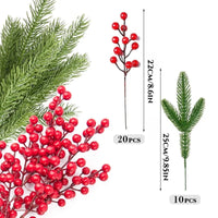 10PCS Artificial Pine Branches with Red Berries – Christmas Tree & Wreath Decoration Set
