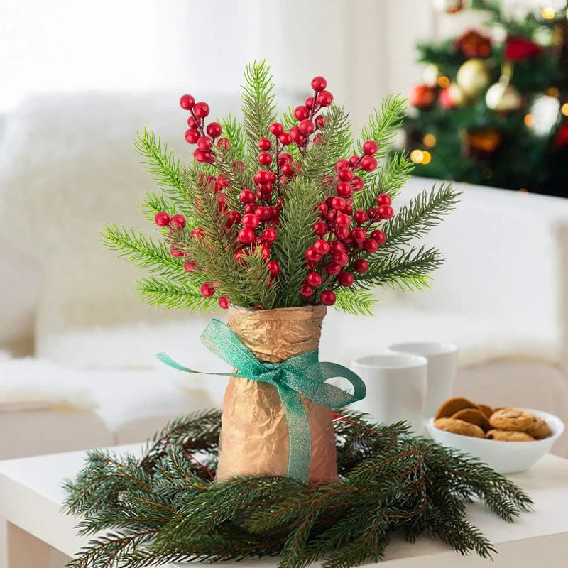 10PCS Artificial Pine Branches with Red Berries – Christmas Tree & Wreath Decoration Set