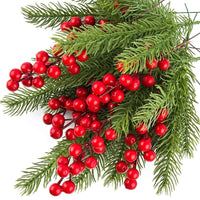 10PCS Artificial Pine Branches with Red Berries – Christmas Tree & Wreath Decoration Set