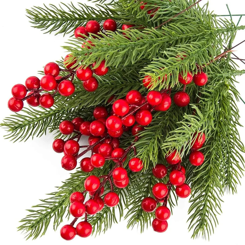 10PCS Artificial Pine Branches with Red Berries – Christmas Tree & Wreath Decoration Set