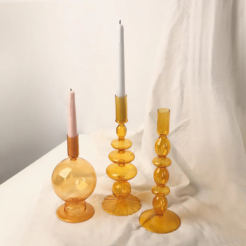Amber Glow Bubble Glass Candle Holder Set