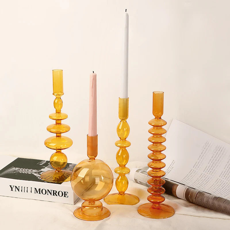 Amber Glow Bubble Glass Candle Holder Set