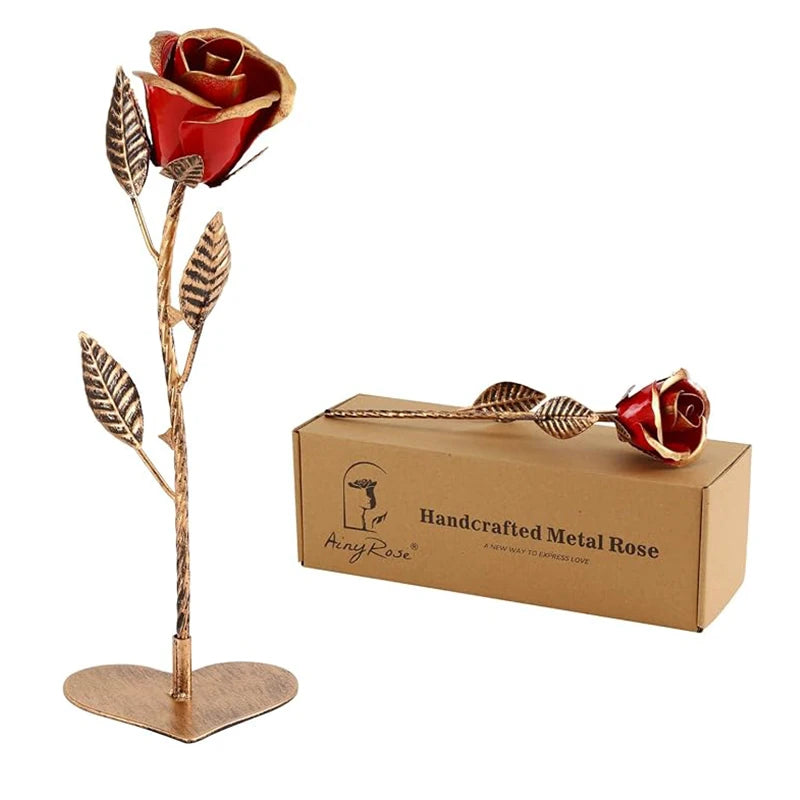 Hand-Forged Wrought Iron Red Metal Rose – Everlasting Romantic Gift