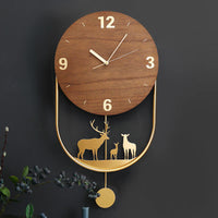 Luxury Nordic Deer Wall Clock – Wooden & Gold Metal Decor