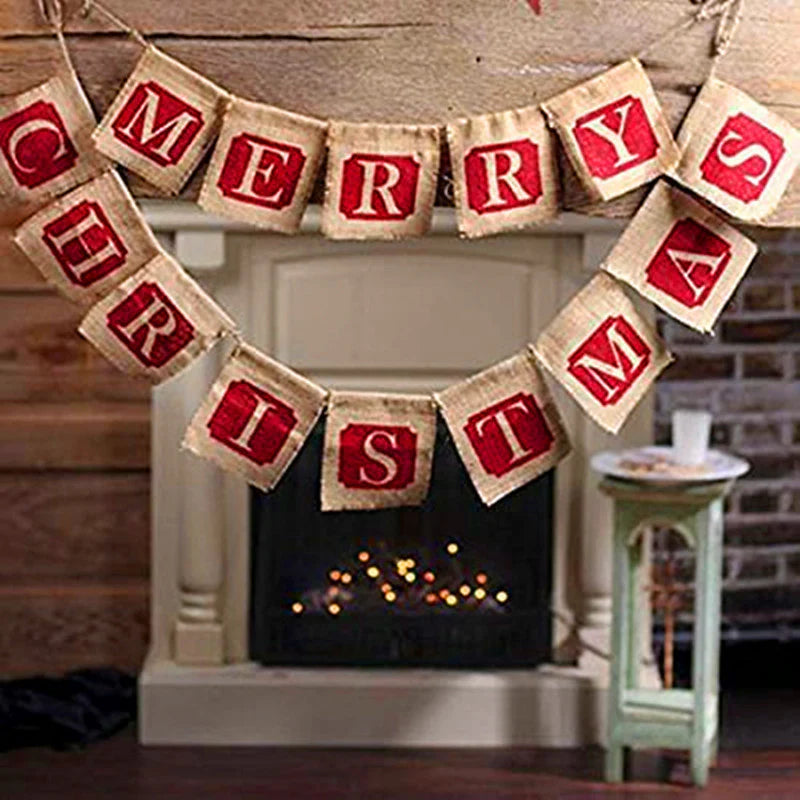 Merry Christmas Burlap Banner – Rustic Sackcloth Holiday Decoration