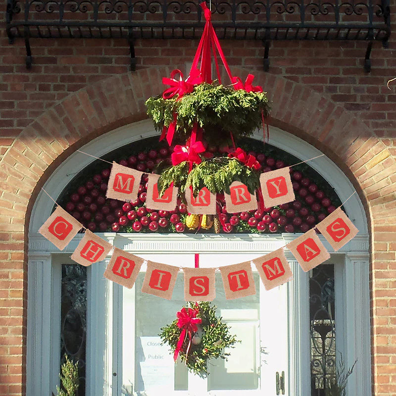 Merry Christmas Burlap Banner – Rustic Sackcloth Holiday Decoration