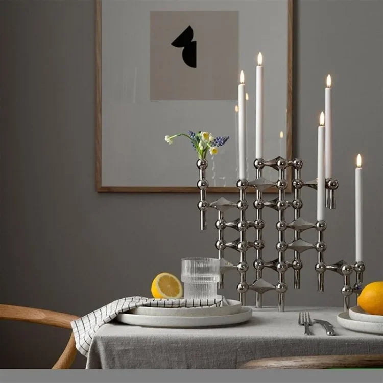 Nordic Molecular Metal Candle Holder – Modern Silver Geometric Candelabra