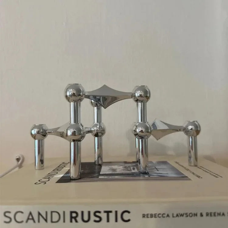 Nordic Molecular Metal Candle Holder – Modern Silver Geometric Candelabra