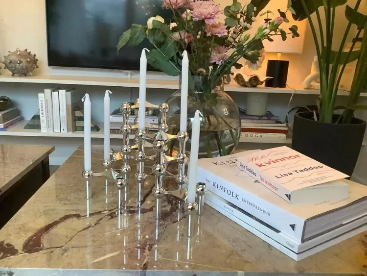 Nordic Molecular Metal Candle Holder – Modern Silver Geometric Candelabra