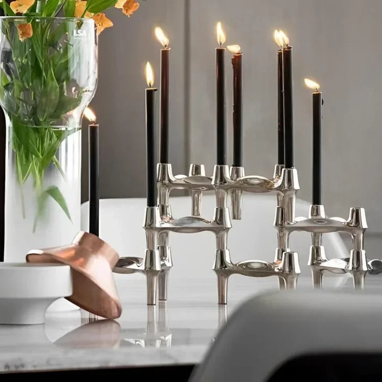 Nordic Molecular Metal Candle Holder – Modern Silver Geometric Candelabra