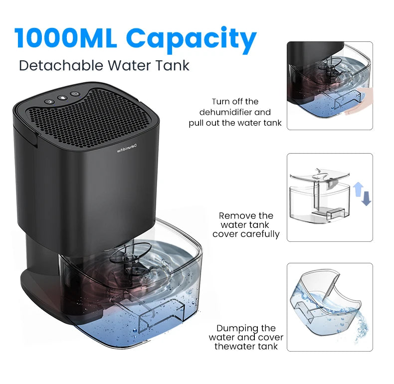Portable Air Dehumidifier – Ultra Quiet Moisture Absorber for Home, Bedroom & Office