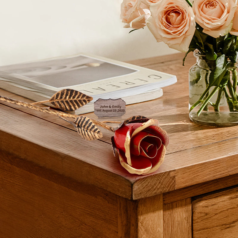 Hand-Forged Wrought Iron Red Metal Rose – Everlasting Romantic Gift