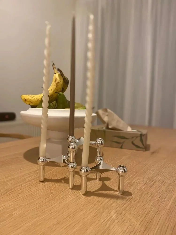 Nordic Molecular Metal Candle Holder – Modern Silver Geometric Candelabra