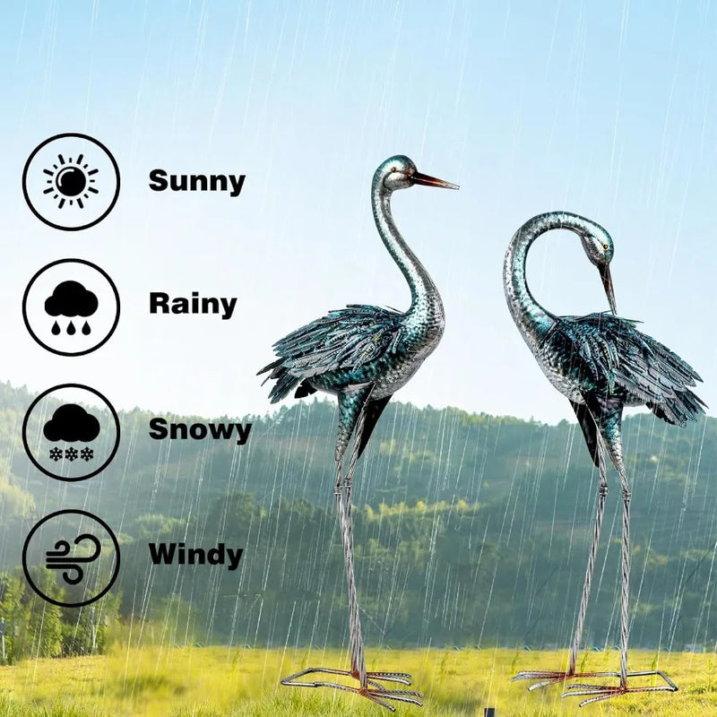 Metal Garden Crane Statue – Blue Heron Outdoor Yard Art for Lawn & Patio Decor