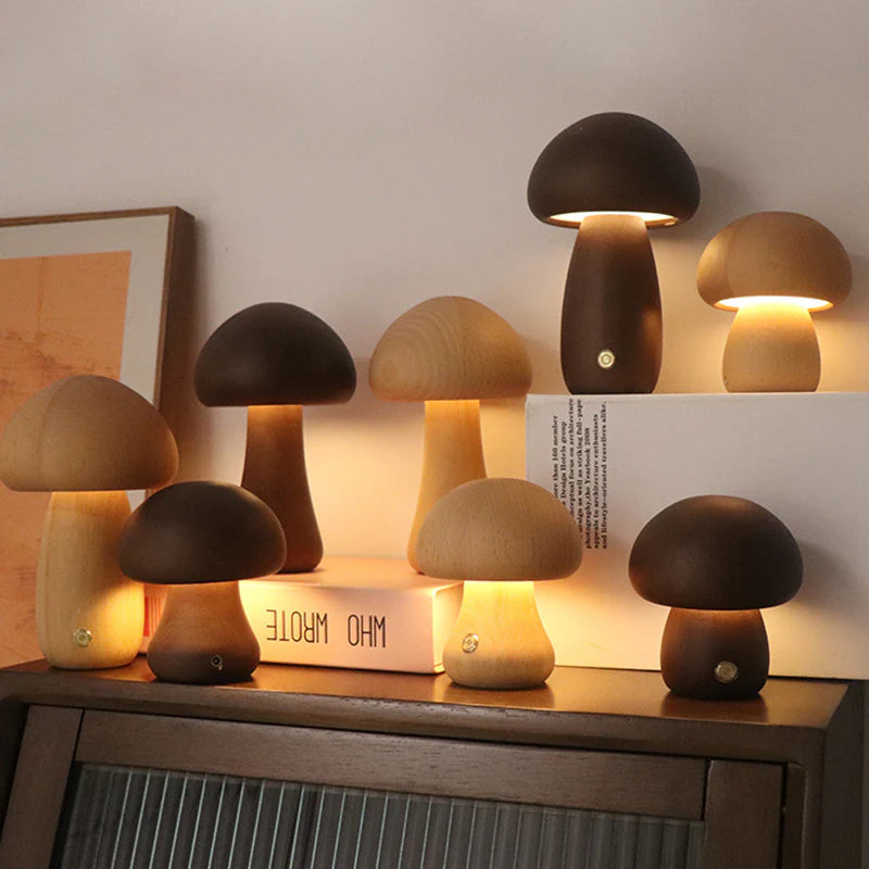 Wooden Mushroom Lamp – Nordic LED Night Light Decor